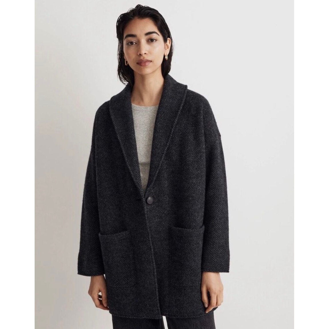 Madewell Sweater Blazer Coat Herringbone Oversized Merino Wool Grey Xxs